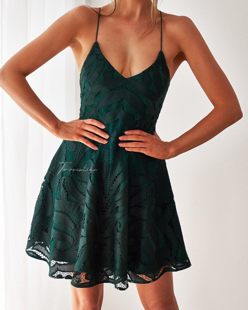 A Love To Remember Emerald Green Lace Backless Skater Dress